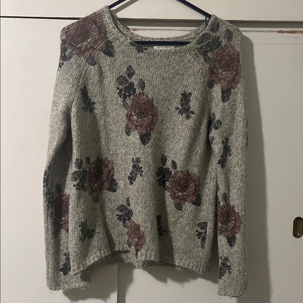 Lucky Brand Floral Crew Neck Sweater - Gray and Purple